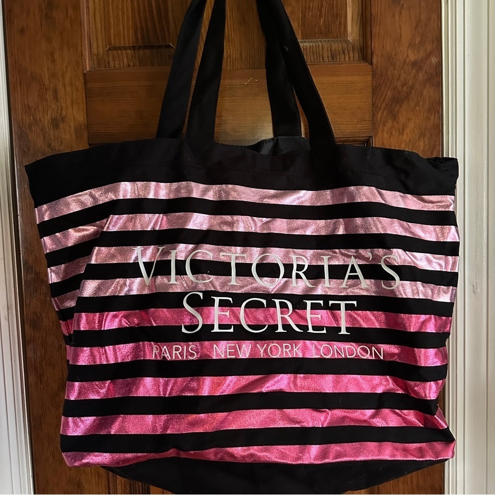 New Victoria’s Secret Pink Black Striped shiny Roomy Tote Bag